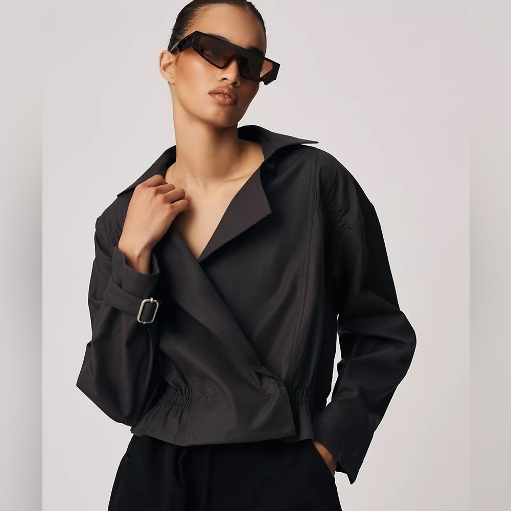 By Anthropologie Cropped Ruched-Sleeve Washed Black Cotton Moto Jacket EUC Sz XL - Picture 1 of 12
